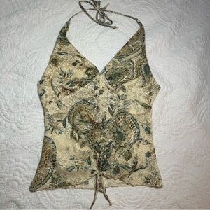 Papaya Y2K Paisley Lace Halter Top. Size: Small. Blues and Creams.